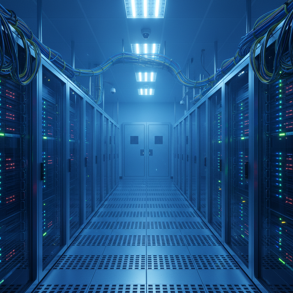 Salle de serveurs moderne avec éclairage bleu représentant la sécurité et la protection des données d'entreprise