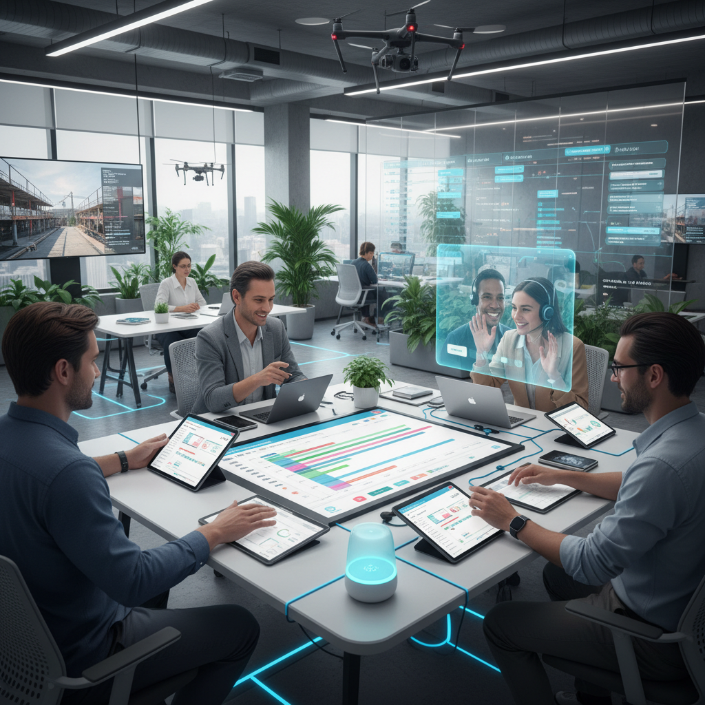 Equipe de collaborateurs travaillant en mode hybride dans un espace de coworking moderne avec tablettes et ordinateurs